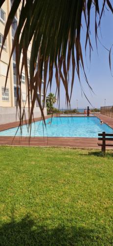 a swimming pool with a bench next to a building at Apartamento Rokita Blanca in La Manga del Mar Menor