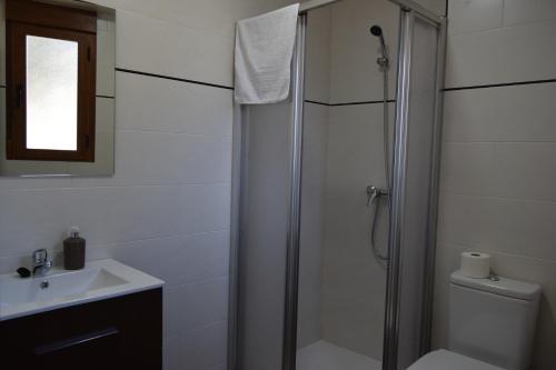 a bathroom with a shower and a toilet and a sink at CASA DEL RIO in Castril