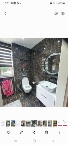 La salle de bains est pourvue de toilettes, d'un lavabo et d'un miroir. dans l'établissement 64 Salmon Street, à Londres