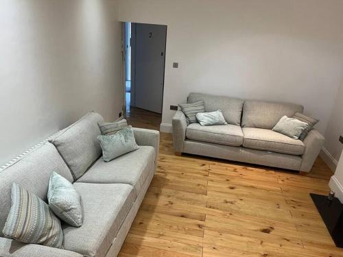 a living room with two couches and wooden floors at One Bed Flat With Garden in London