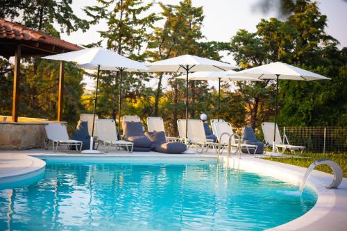 a swimming pool with white chairs and umbrellas at Marele Hills Boutique Apartments in Nea Fokea