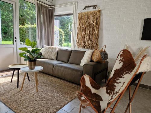 een woonkamer met een bank en een kat op een stoel bij Steef's vakantiehuis zuid limburg in Simpelveld