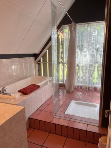 a bathroom with a bath tub and a shower at La Case Chouchou in Étang-Salé les Bains
