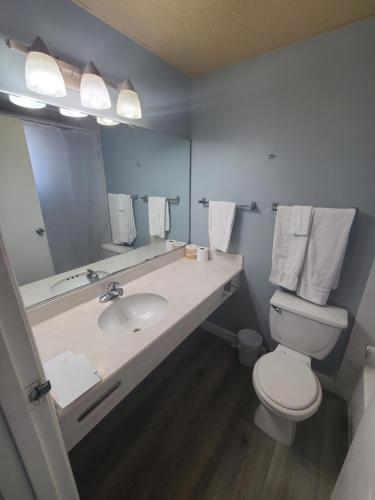 a bathroom with a sink and a toilet and a mirror at Heritage Inn in Milpitas