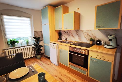 uma cozinha com um lavatório e um fogão forno superior em Ferienwohnung im Starenweg em Blankenburg