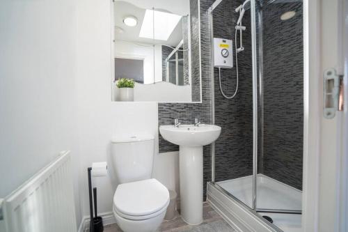 a bathroom with a toilet and a sink and a shower at Butterfly Gardens 2 bed apartment sleep upto 4 in Woodville
