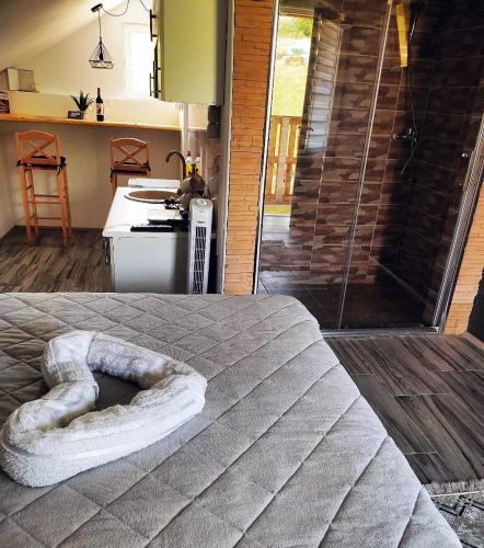 a bed in a room with a shower and a kitchen at Apartman Boba Vrnjačka Banja in Vrnjačka Banja