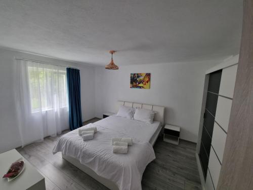 a bedroom with a white bed and a window at Green Nest in Brezoi