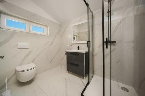 a bathroom with a shower and a toilet and a sink at Apartments Picikato in Bilice