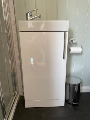 a white sink and a shower in a bathroom at Cobo Cottage in Chichester