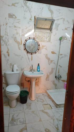 a bathroom with a sink and a toilet and a mirror at City Center Hostel in Jerash