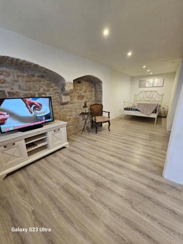 a living room with a flat screen tv and a couch at Ferienwohnung ,,Hinter der Mauer'' in Hildburghausen