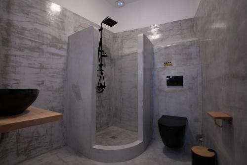 een badkamer met een douche, een wastafel en een toilet bij Saint Barbara luxury home in Dhragoulás