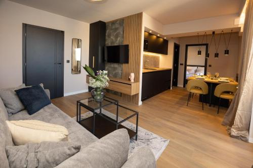 ein Wohnzimmer und eine Küche mit einem Sofa und einem Tisch in der Unterkunft Aurum Ponte Deluxe in Zadar