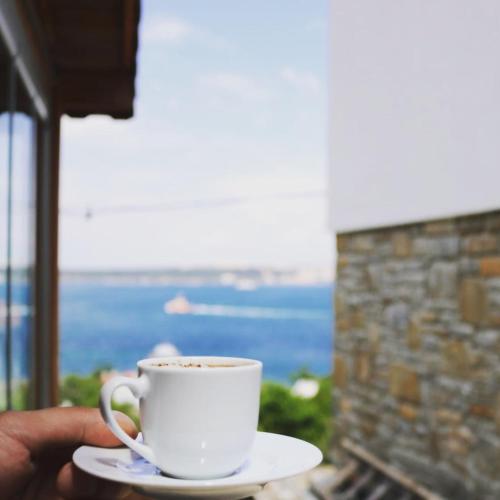 a person holding a cup of coffee on aucer at Çeşmeli Konak in Çanakkale