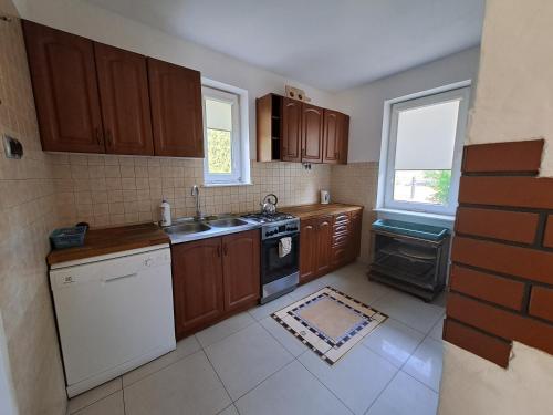 uma cozinha com armários de madeira, um lavatório e uma máquina de lavar louça em Dom nad jeziorem 