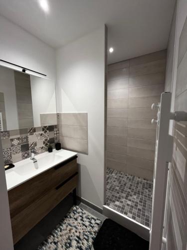 y baño con bañera, lavamanos y ducha. en La Patafiole Appartement T2 calme élégant en Pont-de-Barret