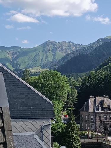 a view of a house with mountains in the background at Appartement 2 pièces in Le Mont-Dore
