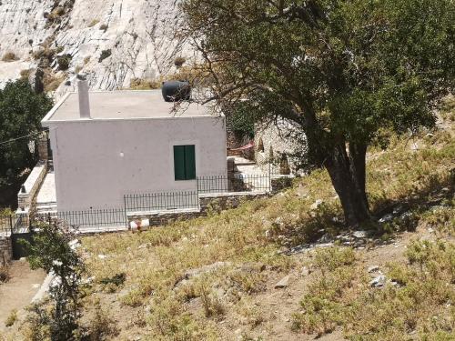 a small white building on a hill with a tree at Με θέα το χωριό & το όρος Ζευς! in Apeiranthos