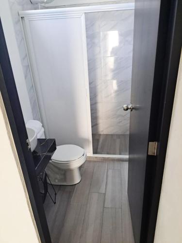 a bathroom with a toilet and a shower at Blanco Sereno - Depto 2 - 2 Min Malecón in Mazatlán