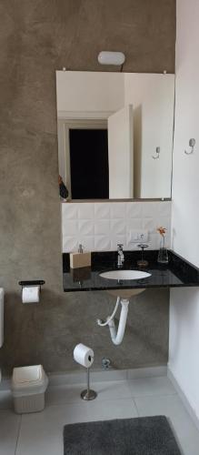 a bathroom with a sink and a toilet and a mirror at Pousada Sonho do Campo in São Pedro