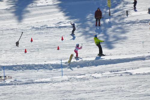 a group of people skiing down a snow covered slope at Bed&Breakfast Anž'k in Bled