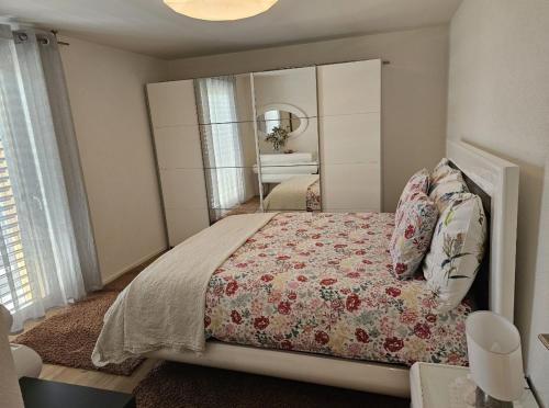 a bedroom with a bed with a large mirror at la perle des paccots in Châtel-Saint-Denis
