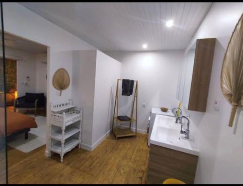 een woonkamer met een wastafel en een keuken bij Coin de paradis proche de la plage in Les Trois-Îlets