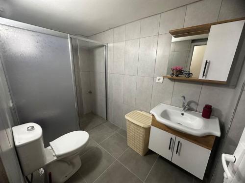 y baño con aseo, lavabo y ducha. en 300 meters to Konyaaltı beach 2+1 large and spacious apartment, en Antalya
