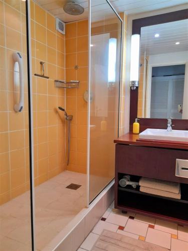 a bathroom with a shower and a sink at ILET BLEU studio cosy RDC vue mer et jardin - Accès direct plage in Le Gosier