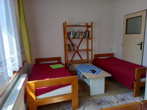 une chambre avec deux lits, une table et une étagère dans l'établissement Apartmán na Polesí, à Deštné v Orlických horách