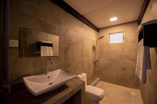 a bathroom with a sink and a toilet and a shower at Iora Resort Habarana in Habarana