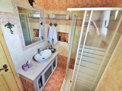 La salle de bains est pourvue d'un lavabo et d'une douche. dans l'établissement Villa Elli, à Alexandroúpolis
