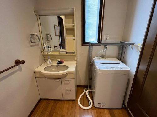草津町にあるFOREST HOUSEの洗面台と鏡のある小さなバスルーム
