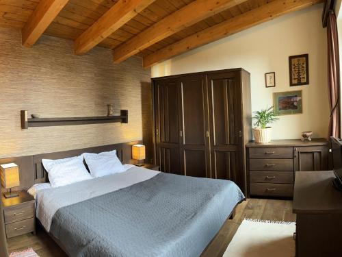 1 dormitorio con 1 cama grande y techo de madera en Bazalt Wellness Villa en Harghita-Băi