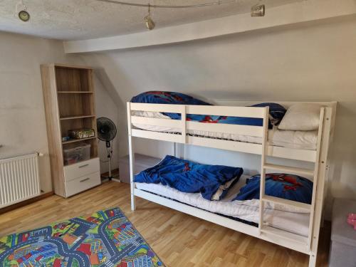 a bedroom with two bunk beds in a room at Ferienwohnung Blumenshein bei Speyer Karlsruhe Familienfreundlich 5 Pers in Zeiskam