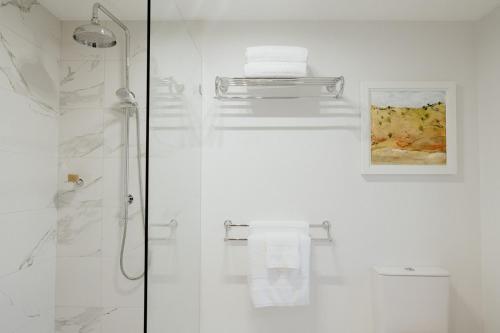 een badkamer met een douche en een glazen deur bij Mount Booralee in Blackheath