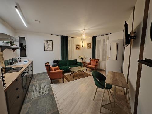 eine Küche und ein Wohnzimmer mit einem grünen Sofa und Stühlen in der Unterkunft Cosy Appartement T2 proche Paris in Ivry-sur-Seine