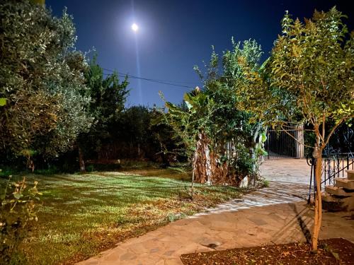 a garden at night with the moon in the sky at Cottage House in Amaliás