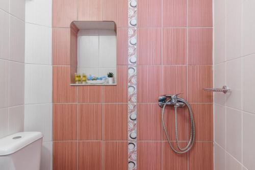ein Bad mit einer Dusche, einem WC und einem Spiegel in der Unterkunft AIKATERINI'S House in Skopelos