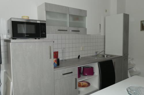 uma pequena cozinha com um lavatório e um micro-ondas em Erholung im Herzen von Mühlhausen em Mühlhausen