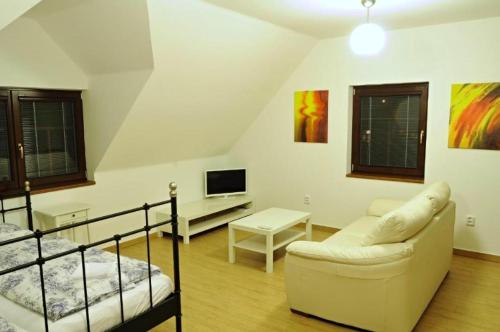 ein Wohnzimmer mit einem Bett und einem Sofa in der Unterkunft Apartmány pod lípou in Horní Heřmanice