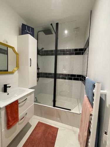 une salle de bain blanche avec une douche et un lavabo dans l'établissement Appartement aux Chartrons, à Bordeaux