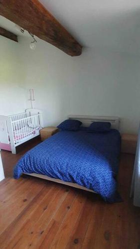 a bedroom with a bed with a blue blanket at Maison à la campagne, proche de Carcassonne in Alairac