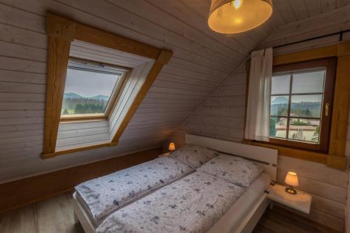 1 dormitorio con 1 cama y 2 ventanas en Ferienwohnung im Blockhaus Rosenkranz, en Rathmannsdorf