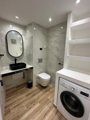 a bathroom with a washing machine and a mirror at Appartement Gare Saint Charles in Marseille