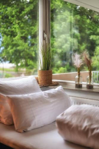 a window with two pillows and potted plants on it at Select-Home 3 - Netflix - Parkplatz - Business Home in Nabburg