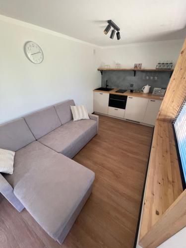 Il comprend un salon avec un canapé et une cuisine. dans l'établissement Kaasiku-Liiva Talu, à Jõgela