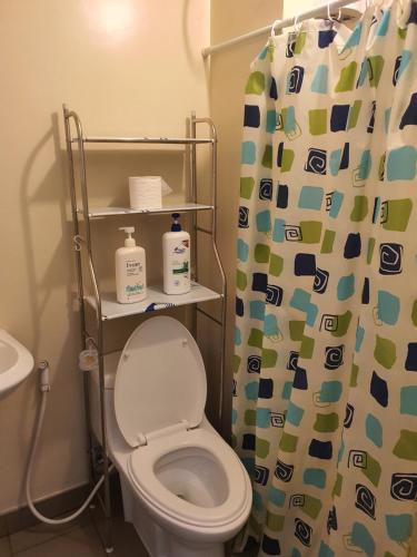 a bathroom with a toilet and a shower curtain at MARIDAN AVIDA CONDO in Iloilo City