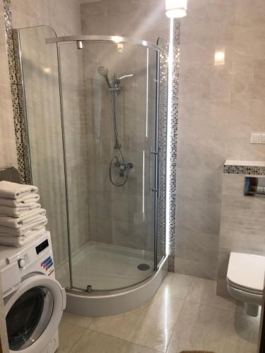 a shower stall in a bathroom with a washing machine at Apartamenty MAJA Nowy Targ in Nowy Targ